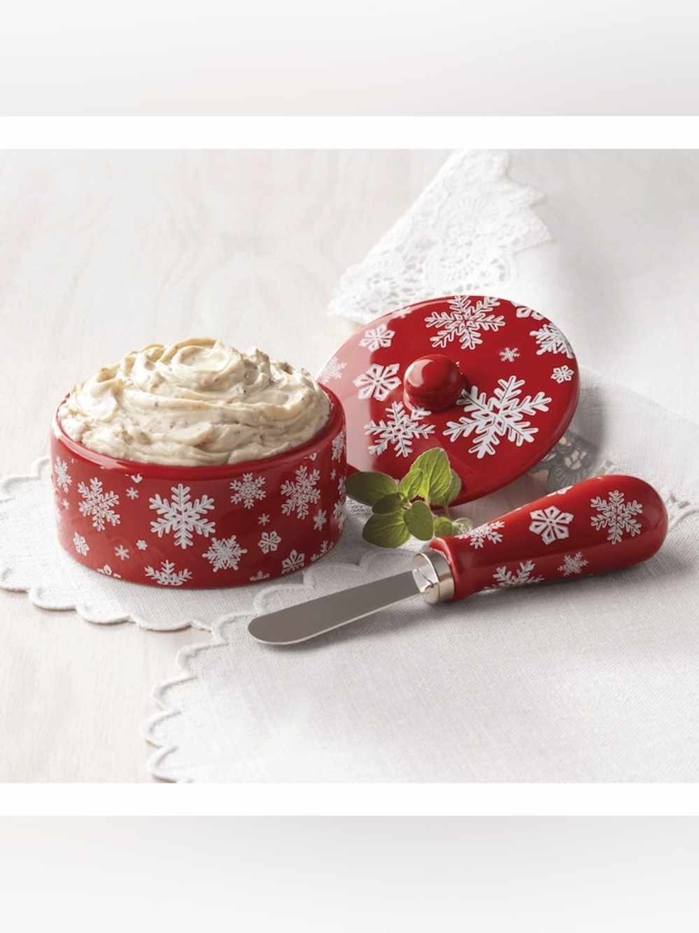 The Swiss Colony Red Snowflake Ceramic Butter Dish with Spreader